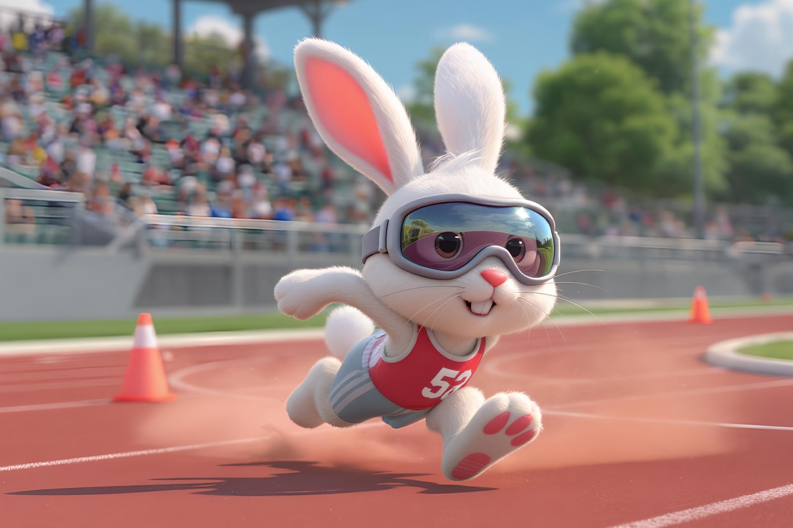 Playful 3D rabbit racing in a track and field setting, wearing sports goggles