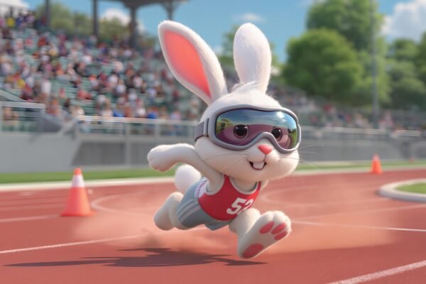 Playful 3D rabbit racing in a track and field setting, wearing sports goggles