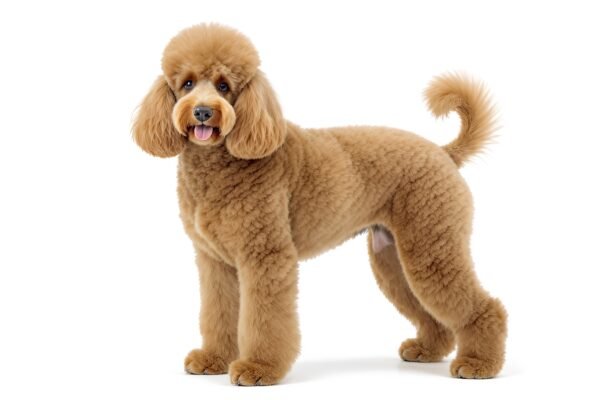 Poodle groomed with curly coat, isolated on white background.