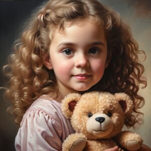 oil portrait of little girl with curly hair holding teddy bear