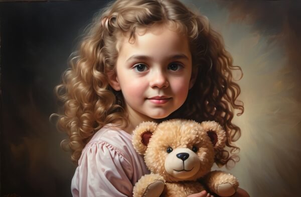 oil portrait of little girl with curly hair holding teddy bear
