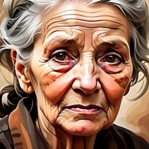 Oil painting portrait of an elderly woman with calm expression and classic style.