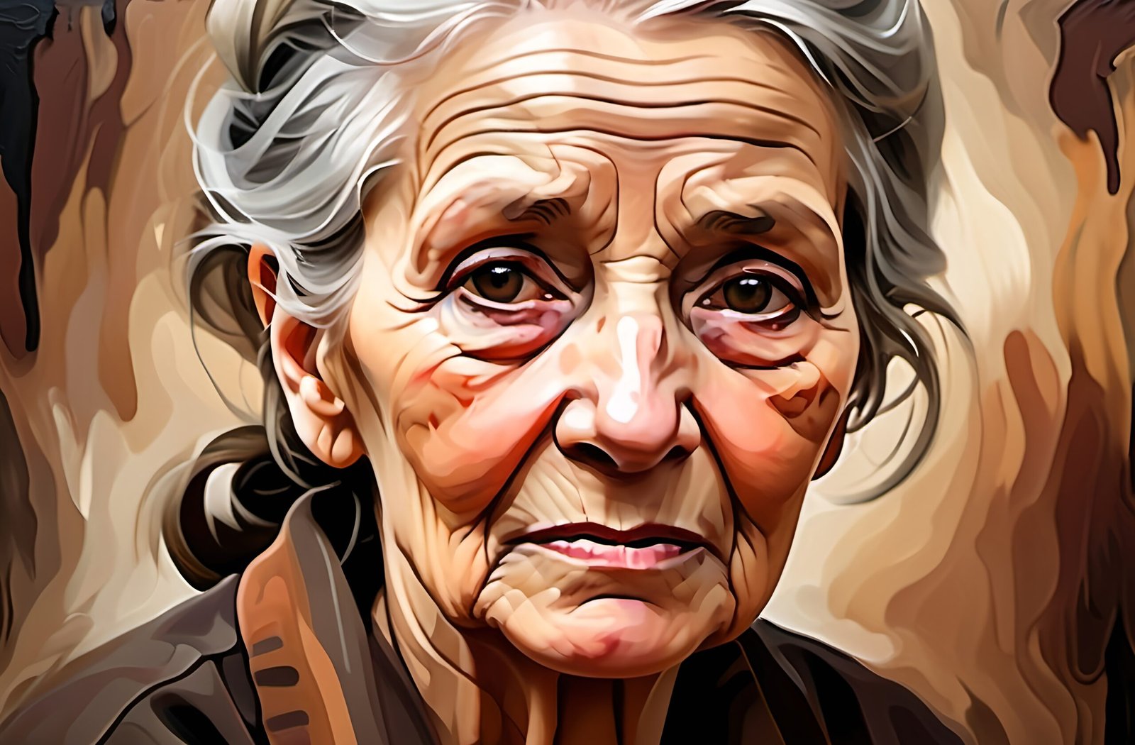 Oil painting portrait of an elderly woman with calm expression and classic style.
