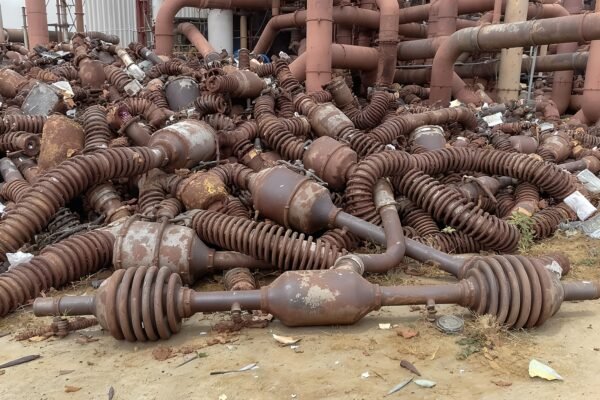 Rusted car parts including mufflers, springs, and axles dumped on concrete ground, with industrial pipes in background