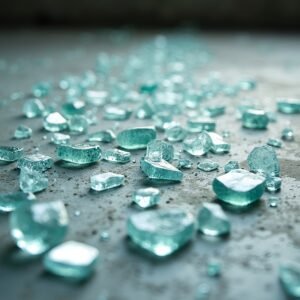 Scattered transparent broken glass fragments on a white background—free image for texture, abstract or design visuals.