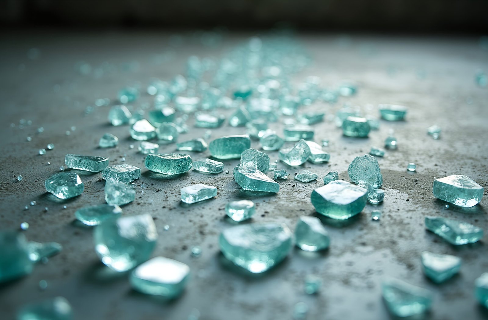 Scattered transparent broken glass fragments on a white background—free image for texture, abstract or design visuals.