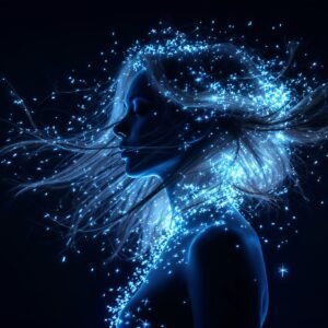 Silhouette of woman with flowing hair and bright cyan neon sparks, ideal for digital art and design visuals