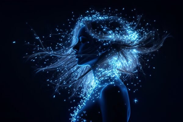 Silhouette of woman with flowing hair and bright cyan neon sparks, ideal for digital art and design visuals