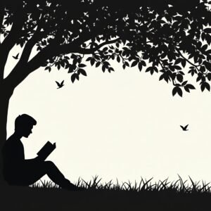 Silhouette of a person reading a book under a tree, minimalist vector style