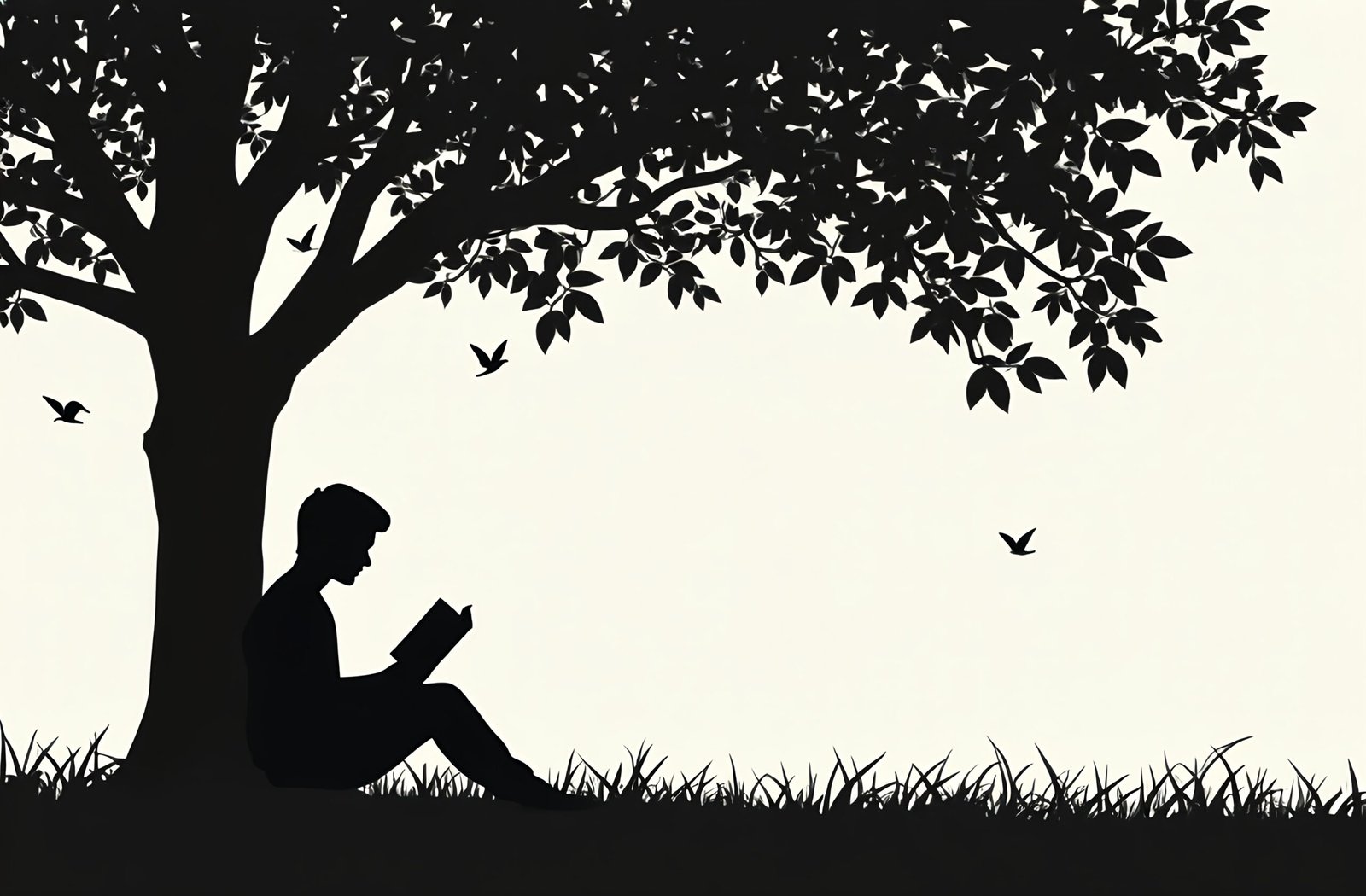 Silhouette of a person reading a book under a tree, minimalist vector style