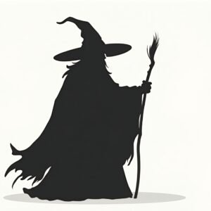 Silhouette of a wizard with staff and flowing cloak casting a spell, minimalist vector style