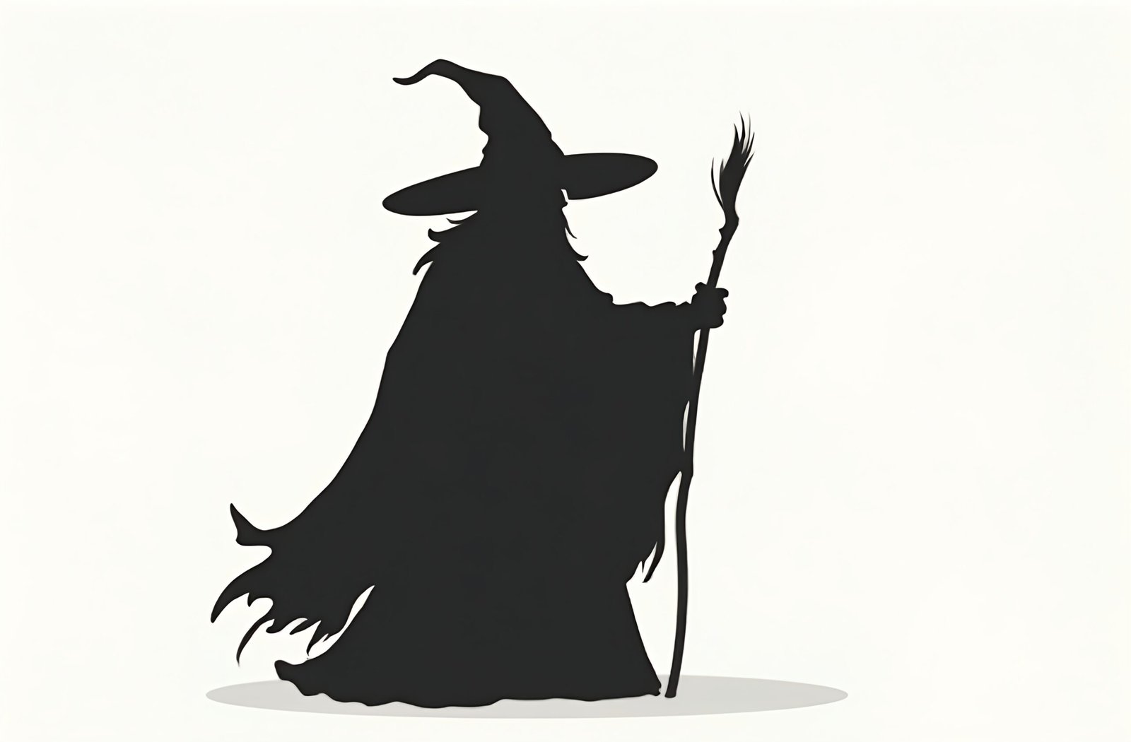 Silhouette of a wizard with staff and flowing cloak casting a spell, minimalist vector style