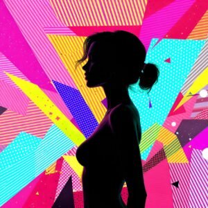 woman silhouette posing on vibrant colors background with geometric shapes