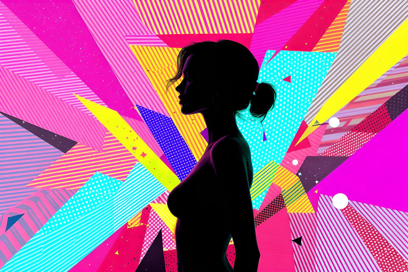 woman silhouette posing on vibrant colors background with geometric shapes