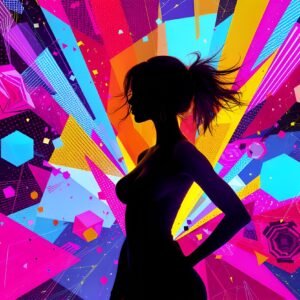 Woman standing in silhouette against a vibrant, colorful gradient background