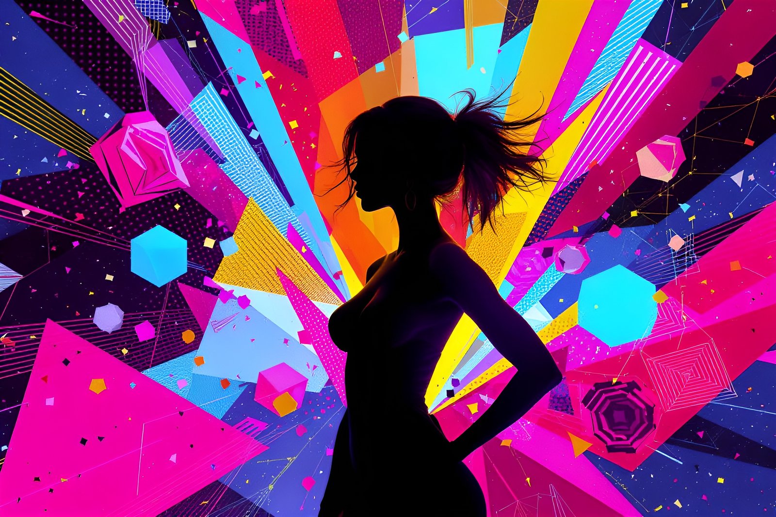 Woman standing in silhouette against a vibrant, colorful gradient background