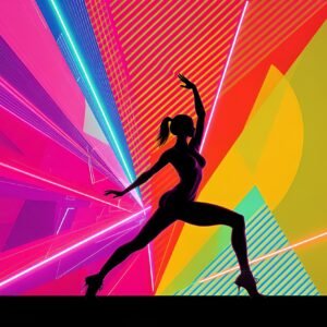 woman in high heels silhouette in yoga pose on background of vibrant colors