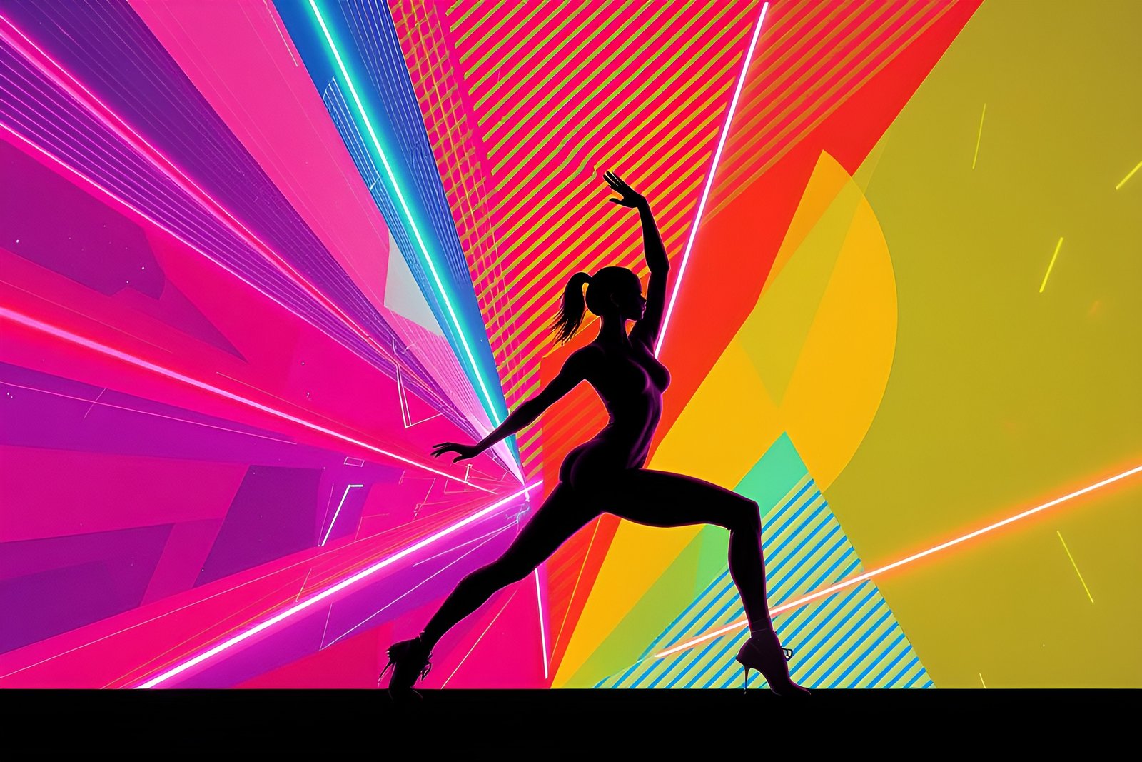 woman in high heels silhouette in yoga pose on background of vibrant colors