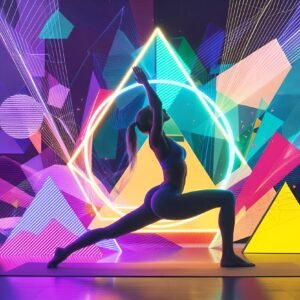 Woman silhouette performing a yoga pose on a vibrant neon colour background — fitness illustration