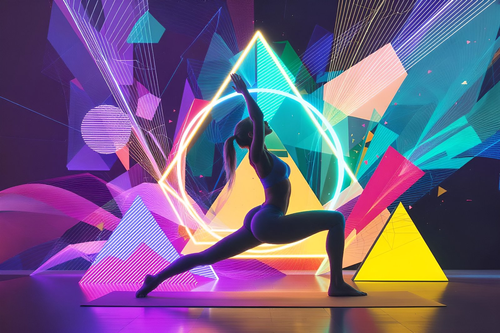 Woman silhouette performing a yoga pose on a vibrant neon colour background — fitness illustration