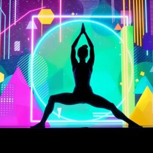Silhouette of a woman in a yoga pose on a vibrant multicolour background—free image for wellness, fitness or graphic design visuals.