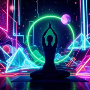 Silhouette of a woman in a yoga pose with vibrant neon light background—free image for fitness, wellness or lifestyle visuals.