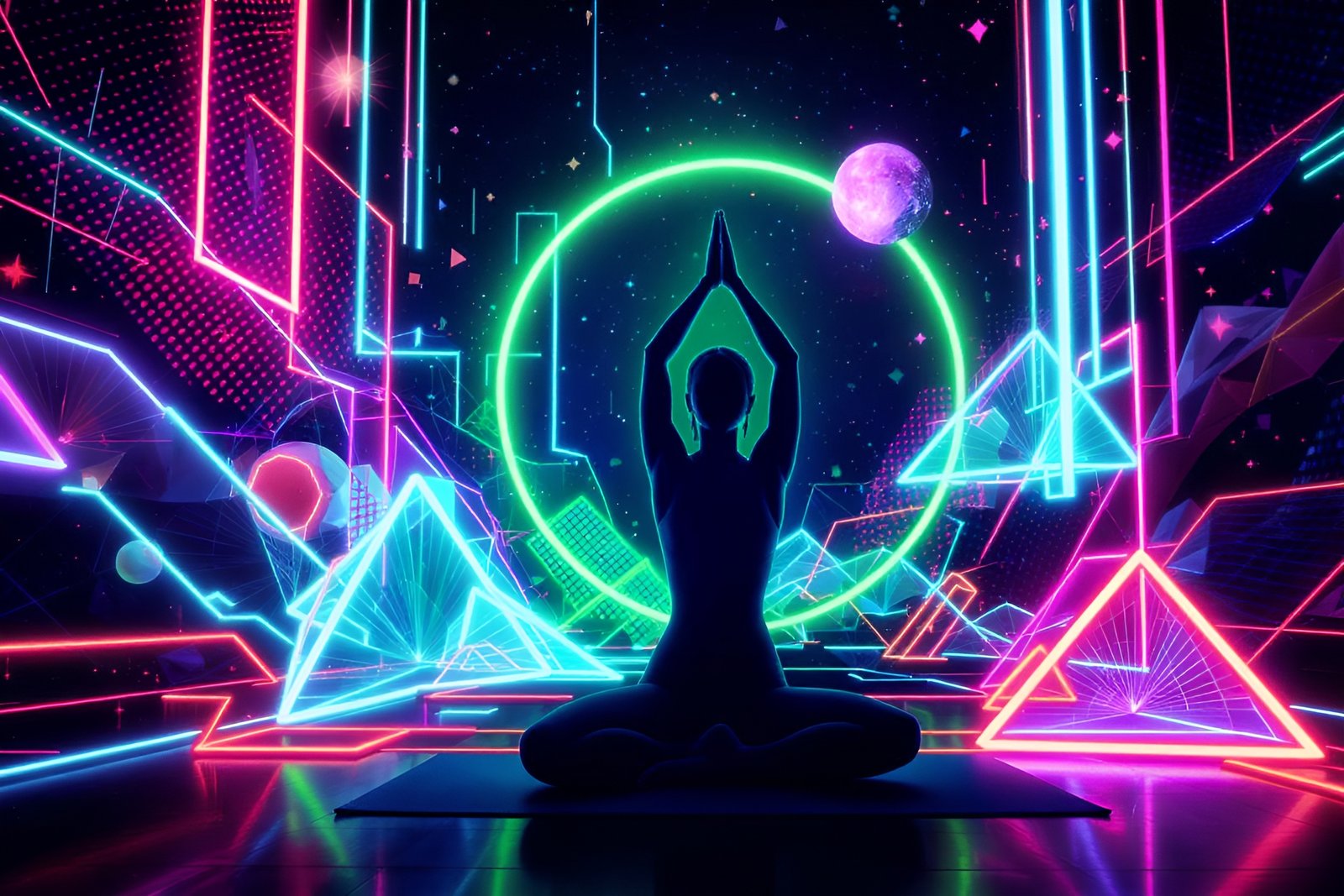 Silhouette of a woman in a yoga pose with vibrant neon light background—free image for fitness, wellness or lifestyle visuals.