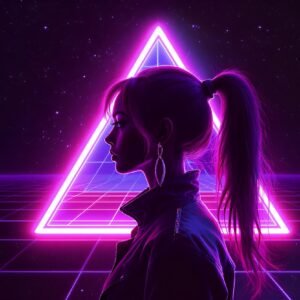Silhouette of a woman with ponytail and glowing neon triangle background—ideal for digital art and design visuals