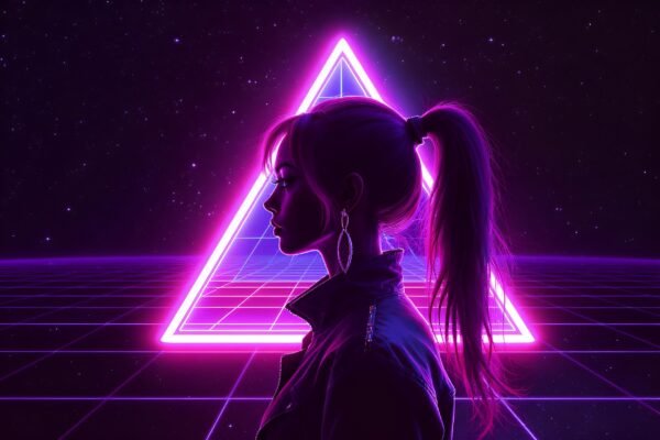 Silhouette of a woman with ponytail and glowing neon triangle background—ideal for digital art and design visuals