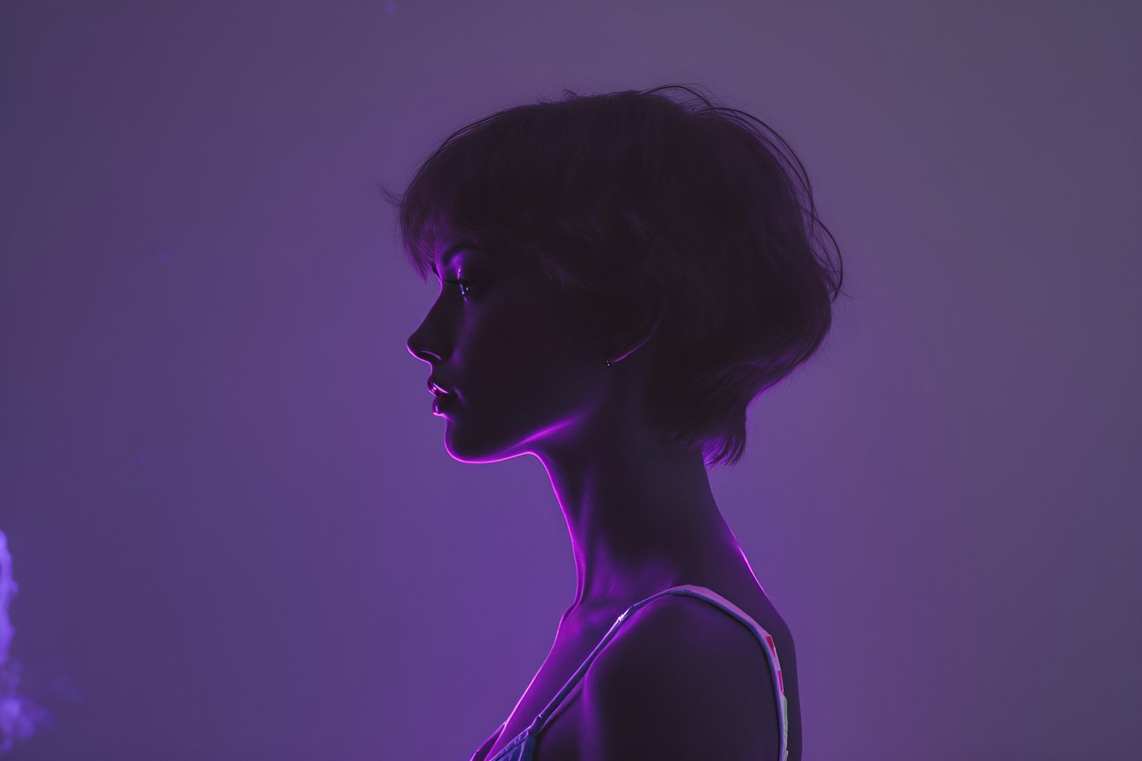 Silhouette of a woman with short curly hair, illuminated by violet neon and abstract glowing lights