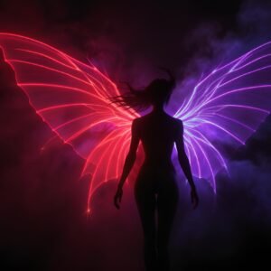 Stylized female silhouette with glowing wings vector illustration—ideal for fantasy art and game design visuals