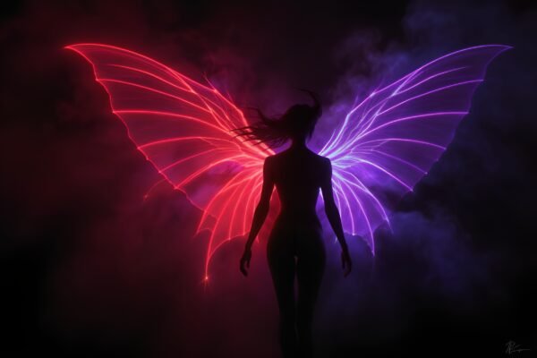 Stylized female silhouette with glowing wings vector illustration—ideal for fantasy art and game design visuals