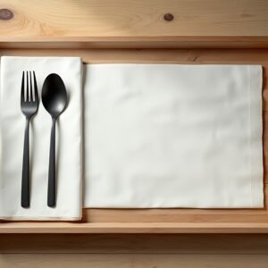 wooden tray mockup with napkin and utensils
