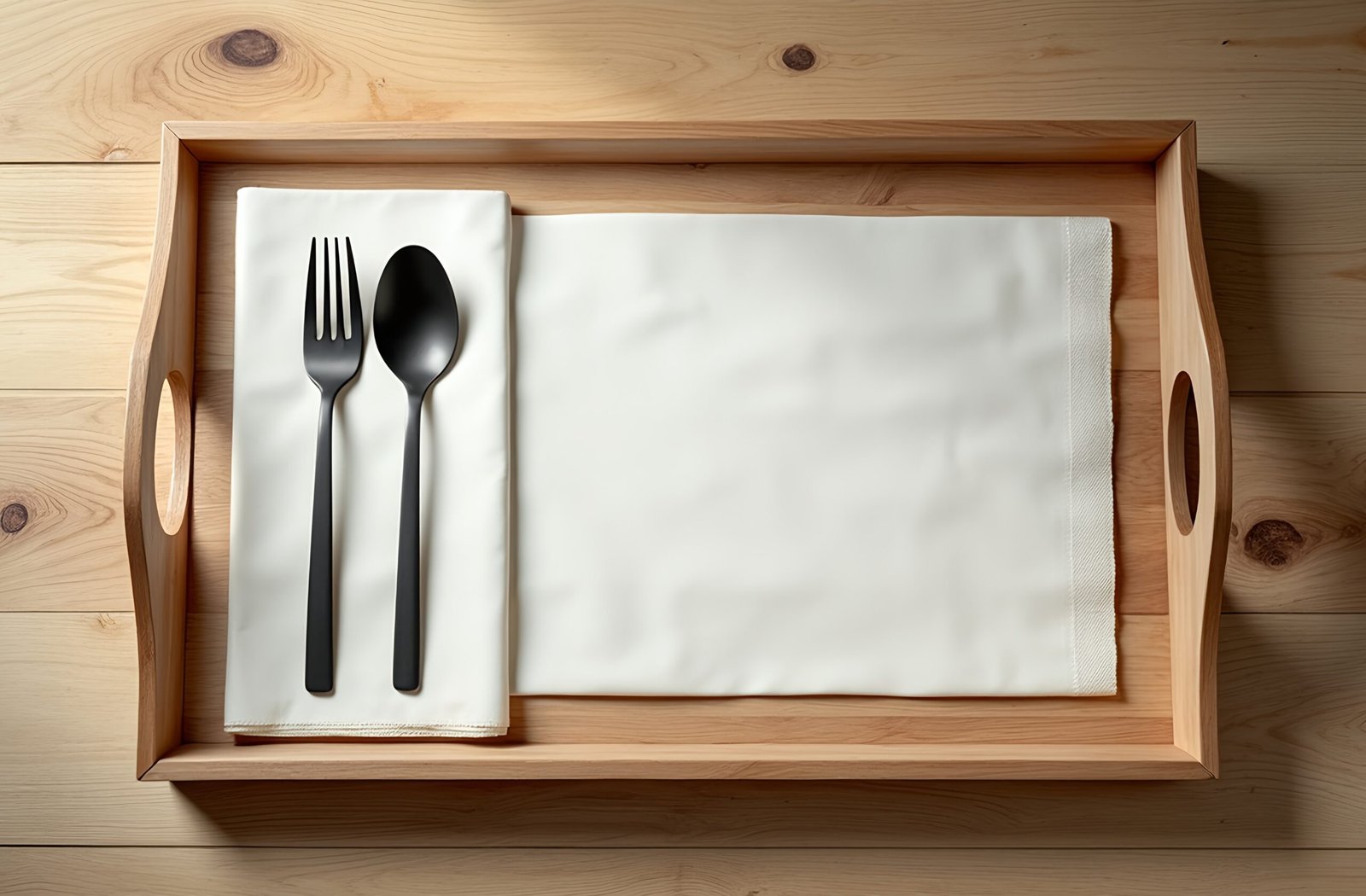 wooden tray mockup with napkin and utensils