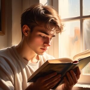 Oil painting portrait of a young man reading a book in a quiet study scene.