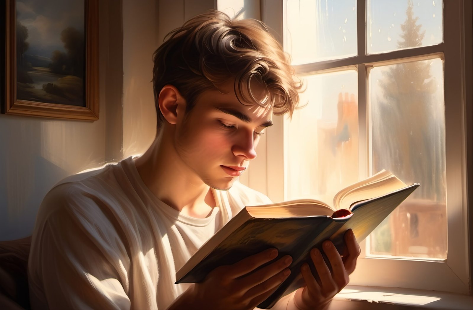 Oil painting portrait of a young man reading a book in a quiet study scene.
