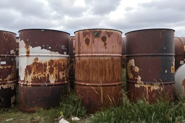 Weathered rusted steel drums and containers with labels peeling off, set against a cloudy sky