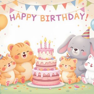 Cartoon animals wearing party hats celebrating a birthday—cute illustration ideal for kids’ invites, cards, and celebration designs