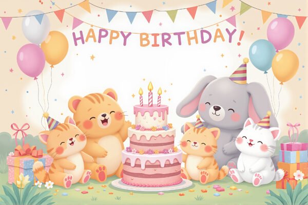 Cartoon animals wearing party hats celebrating a birthday—cute illustration ideal for kids’ invites, cards, and celebration designs