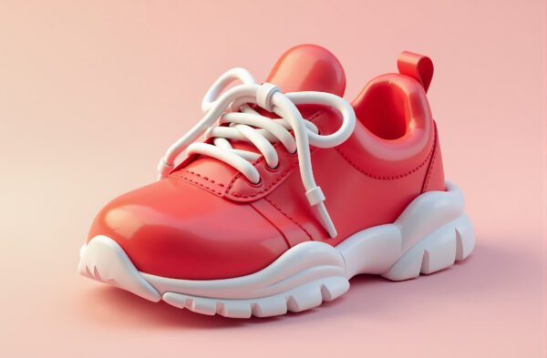 3D cartoon sneaker in red and white colors, high-resolution stock photo