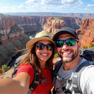 Couple taking a selfie on a hiking trail—ideal for travel blogs, adventure branding, and lifestyle visuals
