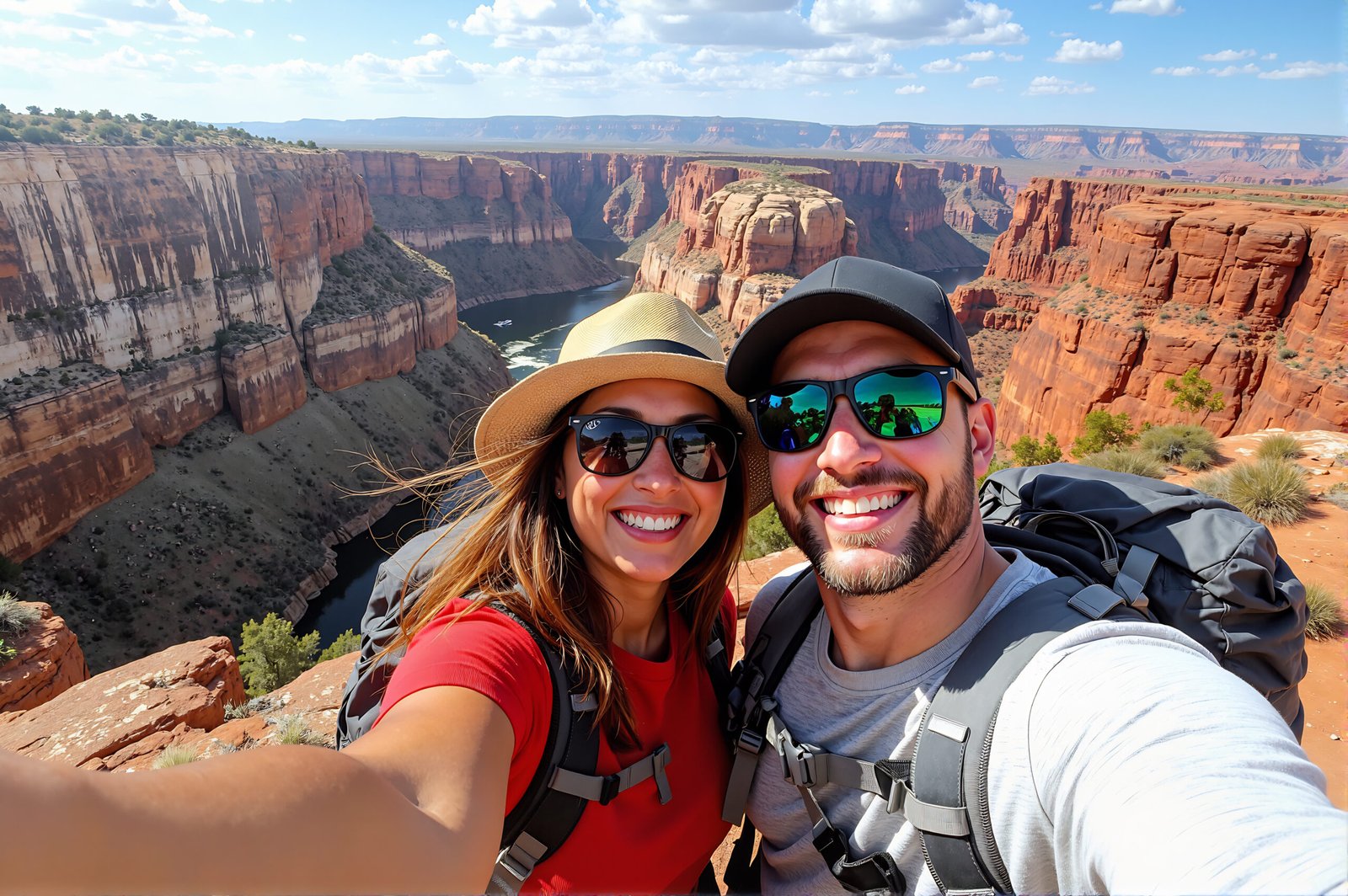 Couple taking a selfie on a hiking trail—ideal for travel blogs, adventure branding, and lifestyle visuals