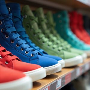 Colorful sneakers lined up on a store shelf in a retail display—perfect for fashion, merchandising, and design visuals