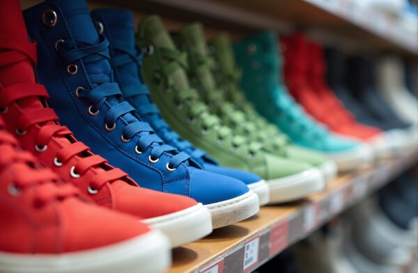 Colorful sneakers lined up on a store shelf in a retail display—perfect for fashion, merchandising, and design visuals