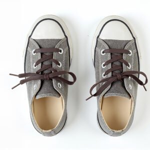 Top-down view of a pair of classic canvas sneakers on a neutral background