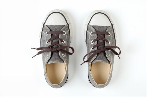 Top-down view of a pair of classic canvas sneakers on a neutral background