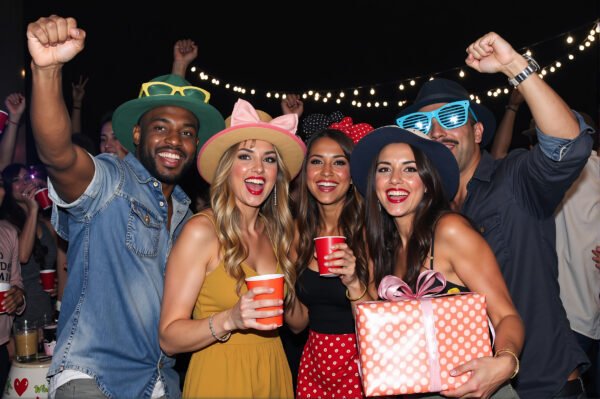 Group of happy friends celebrating together at party with joy and excitement