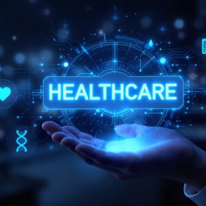 An ultra detailed glowing holographic interface with the word 'HEALTHCARE' hovering above a person's hand, surrounded by floating icons such as stethoscope, heart monitor, medical report, DNA strand and pill, futuristic medical technology background, dark blue tones with neon accents