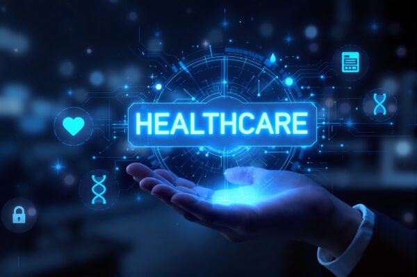 An ultra detailed glowing holographic interface with the word 'HEALTHCARE' hovering above a person's hand, surrounded by floating icons such as stethoscope, heart monitor, medical report, DNA strand and pill, futuristic medical technology background, dark blue tones with neon accents