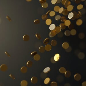 Gold coins falling through the air in slow motion, against a dark gradient background